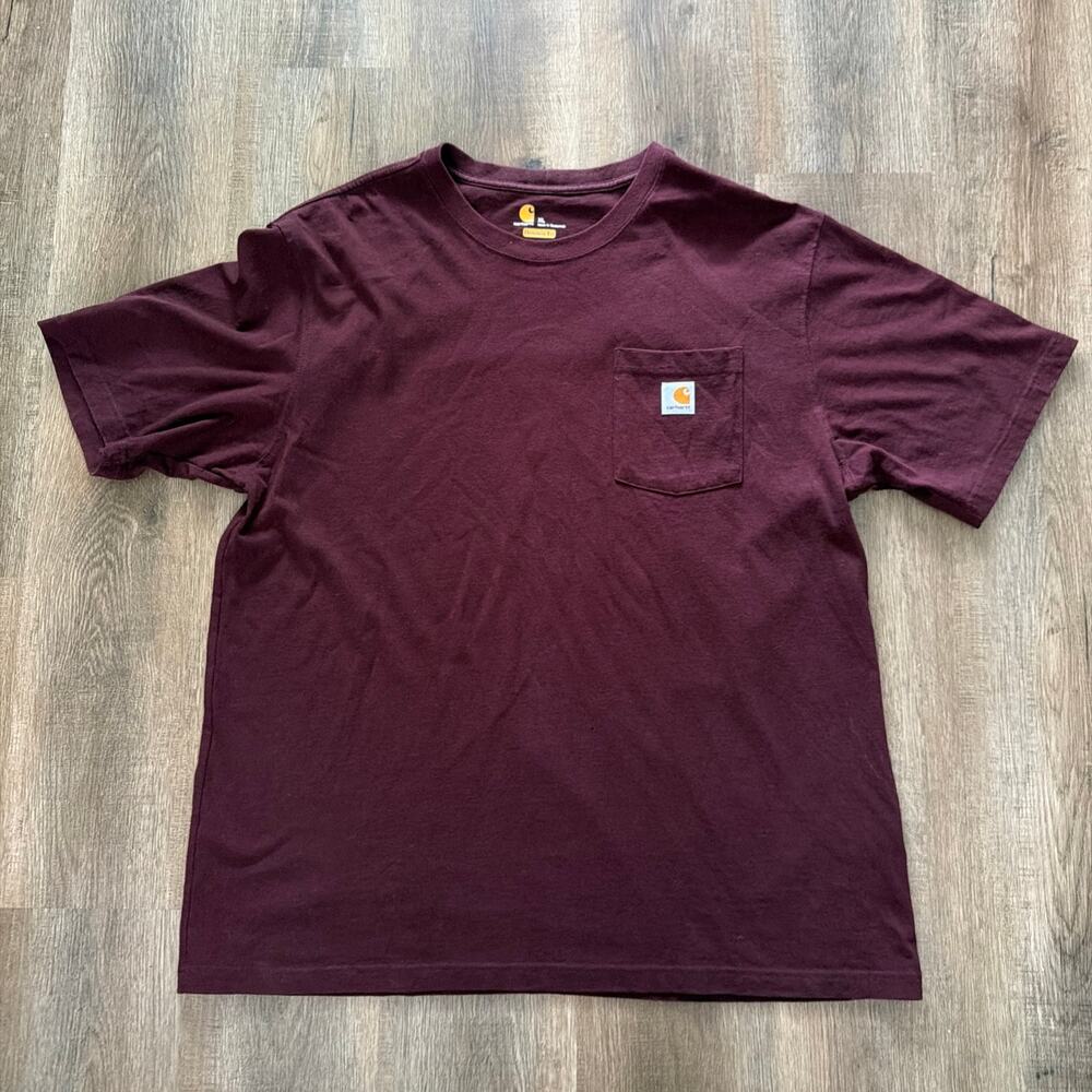 Carhartt Sz XL Original Fit Pocket T Shirt Burgundy Workwear Logo Heavyweight